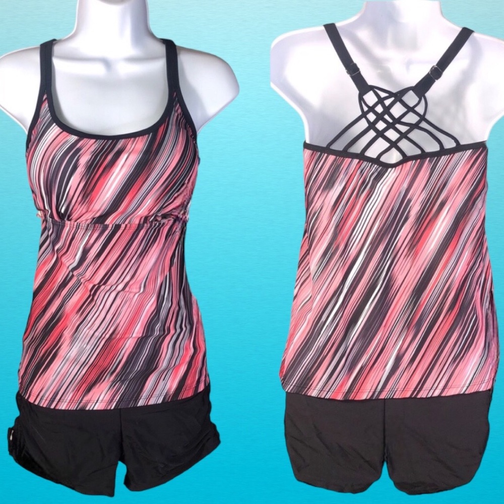 Pink & Black Striped Tankini Swimsuit Two Piece SIZE M Swimming Suit
